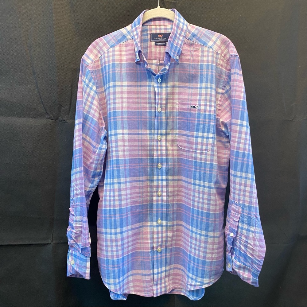 Vineyard Vines Men's Blue and Pink Plaid Shirt